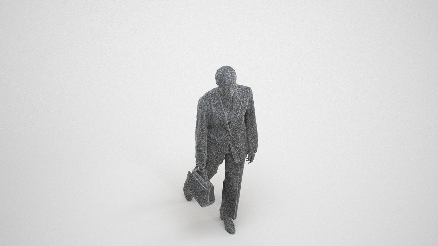 realistic 3D woman business walking, scanned archviz people for Blender and 3ds Max, wireframe three-quarter view