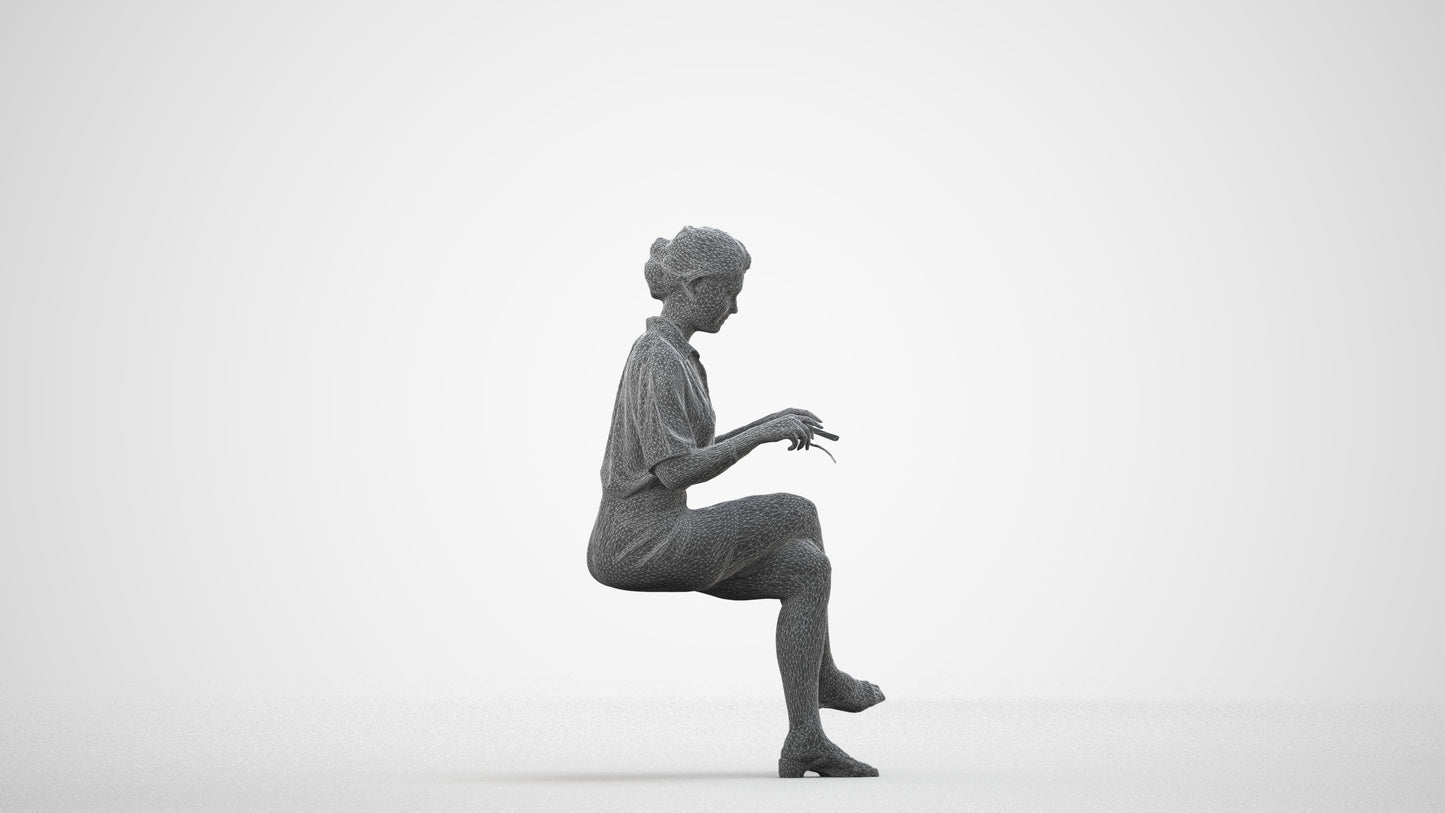 photogrammetry 3D woman casual sitting, realistic human model archviz FBX, wireframe side view