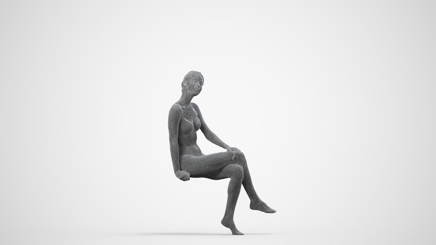 3D human model woman bathroom, photogrammetry scanned person for archviz, wireframe side view