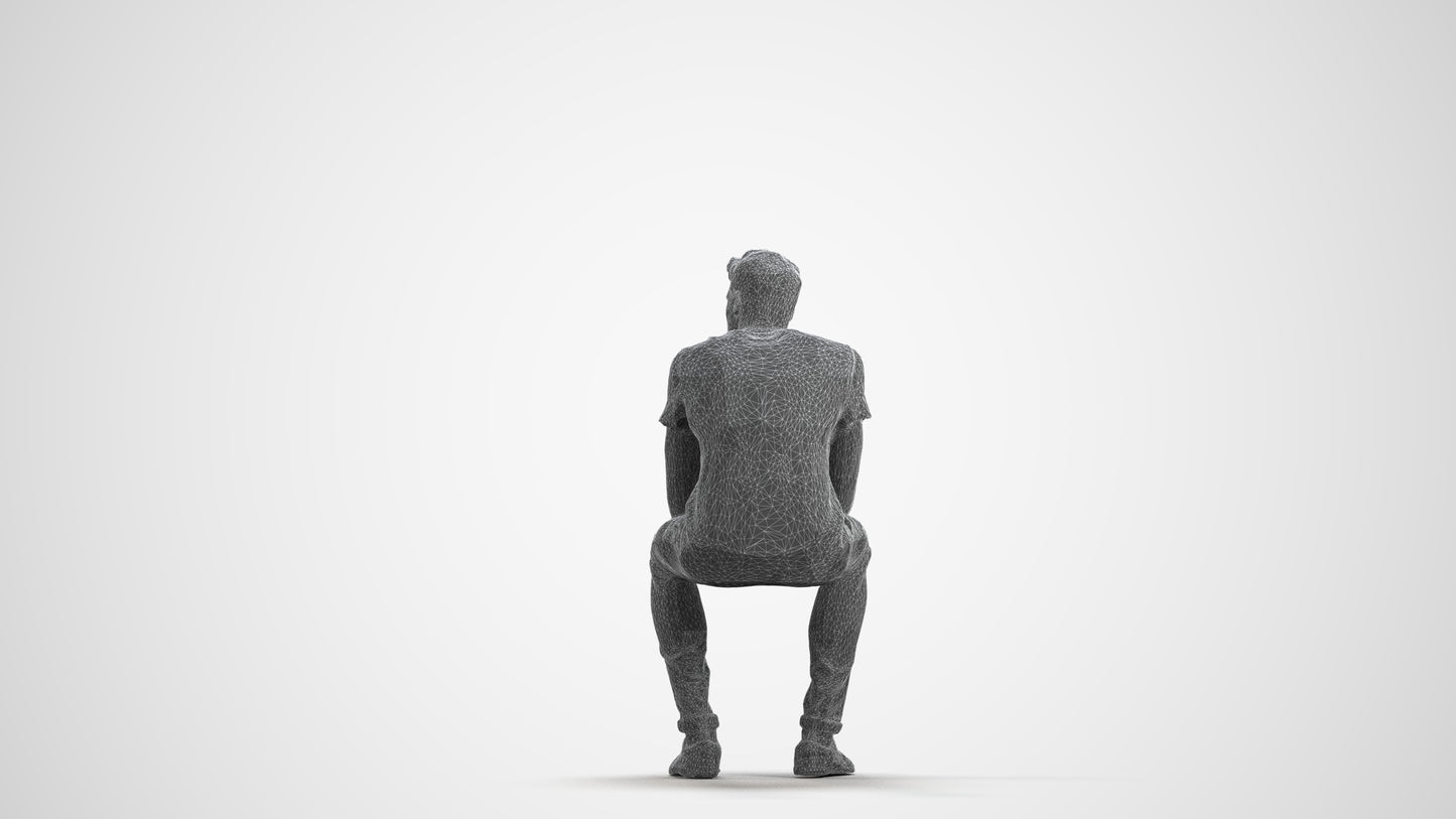 realistic 3D man casual sitting, scanned archviz people for Blender and 3ds Max, wireframe front view