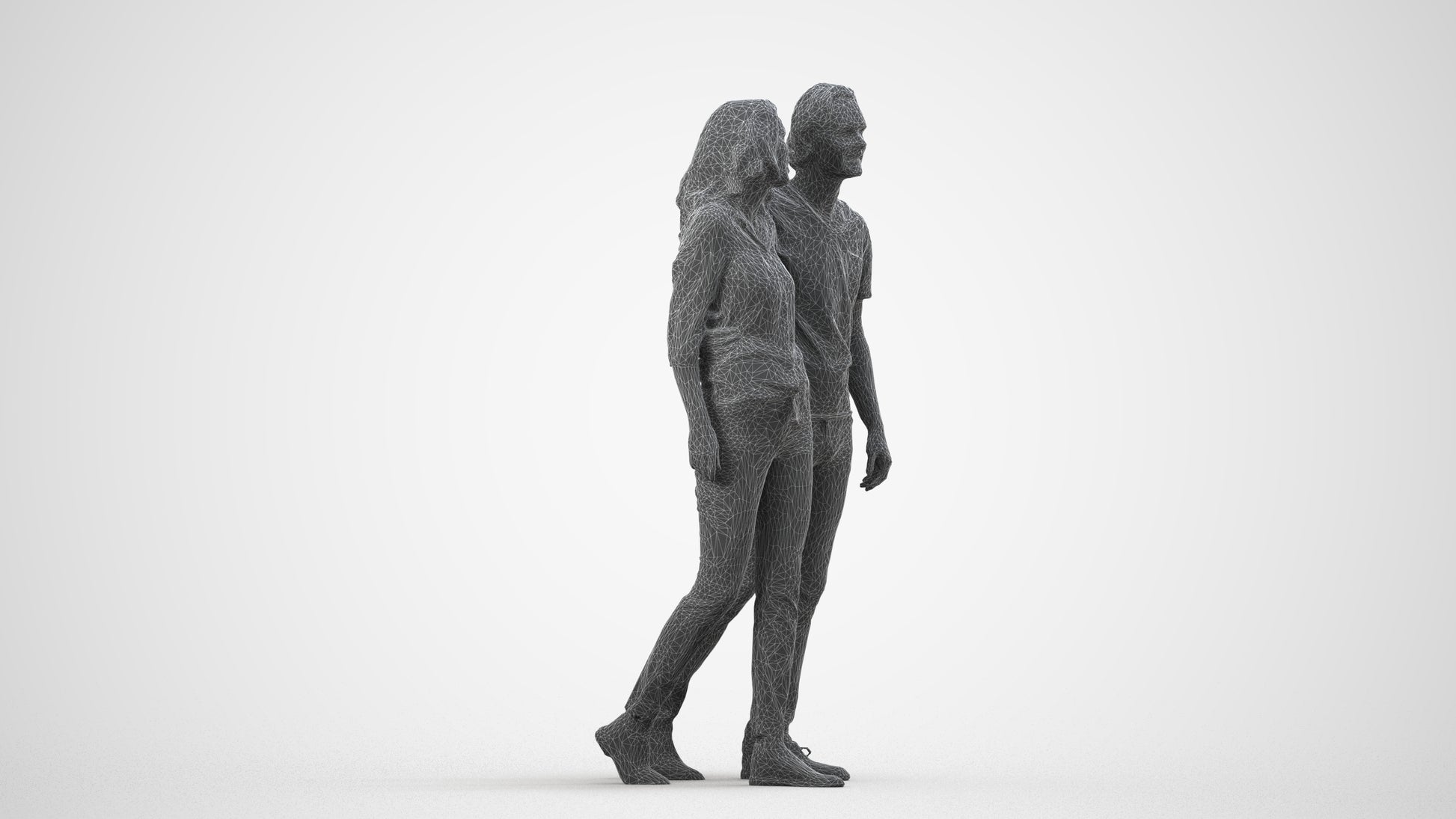 realistic 3D woman casual walking, scanned archviz people for Blender and 3ds Max, wireframe side view
