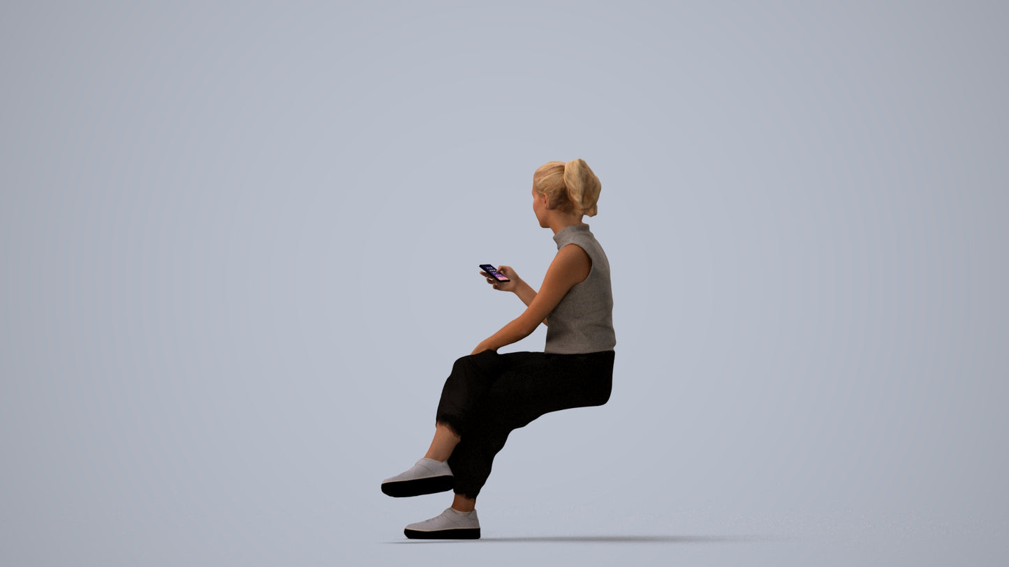 photogrammetry 3D woman casual sitting, realistic human model archviz FBX, three-quarter view render