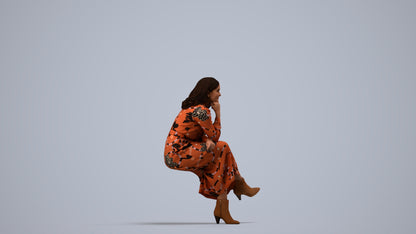 3D scanned woman sitting casual, photorealistic archviz people for Enscape and SketchUp, side view render