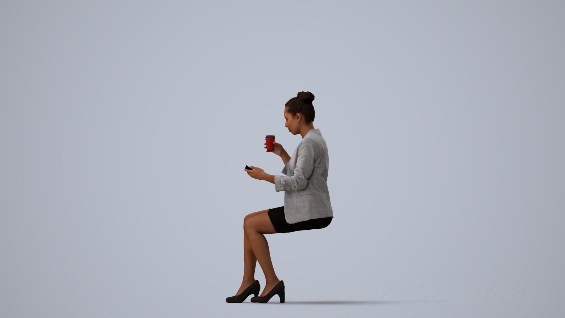 3D human model woman business, photogrammetry scanned person for archviz, three-quarter view render