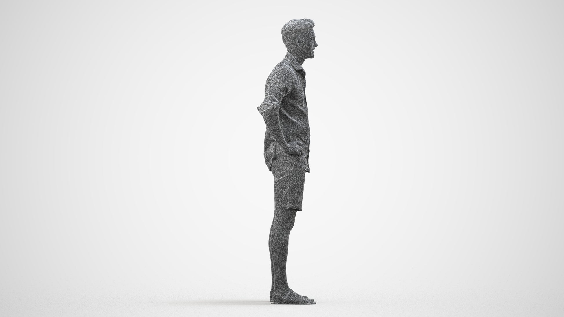 3D scanned man standing casual, photorealistic archviz people for Enscape and SketchUp, wireframe side view