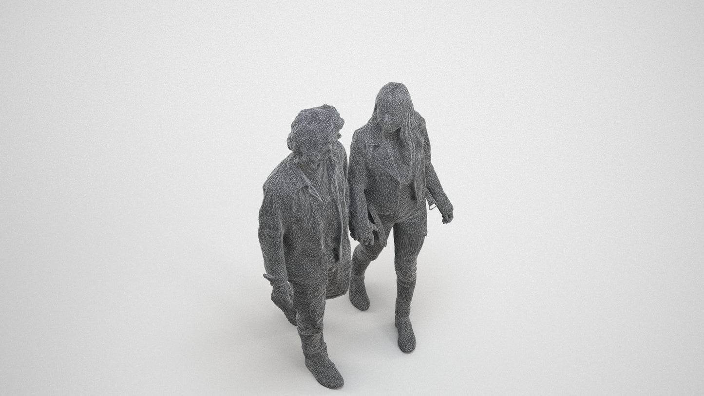 3D human model woman casual mix, photogrammetry scanned person for archviz, wireframe three-quarter view