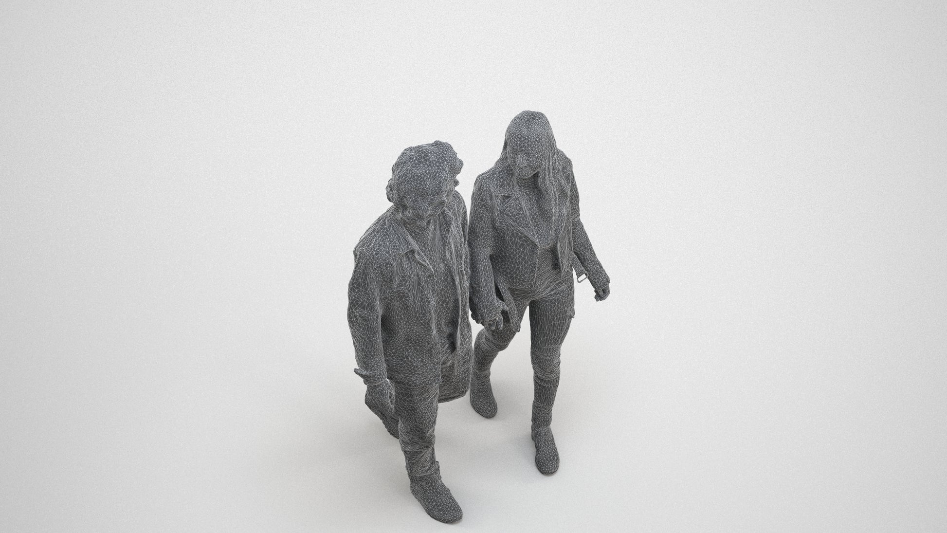 3D human model woman casual mix, photogrammetry scanned person for archviz, wireframe three-quarter view