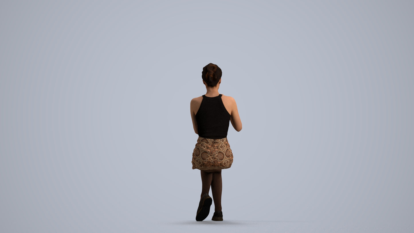 3D human model woman casual sitting, photogrammetry scanned person for archviz, front view render