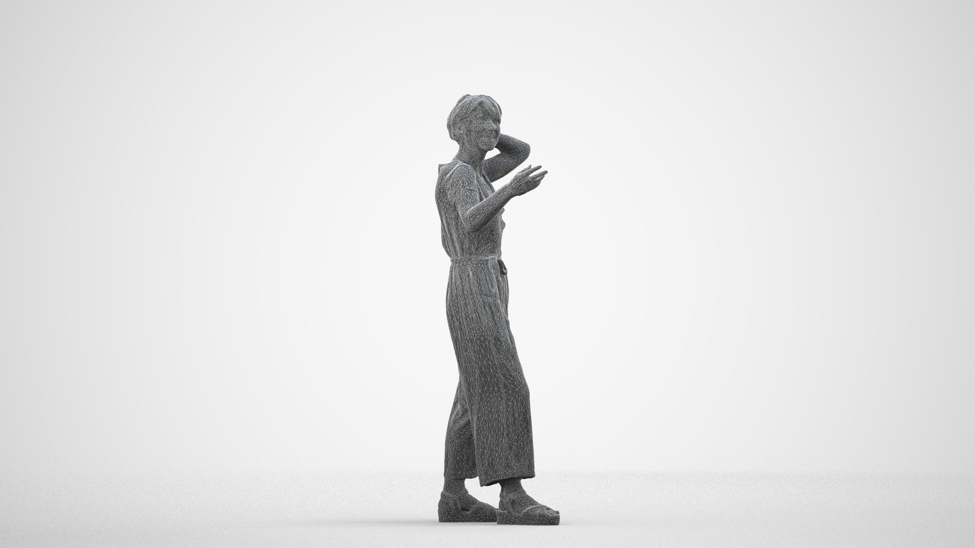 realistic 3D human senior woman casual standing, archviz people FBX OBJ for Blender, wireframe side view