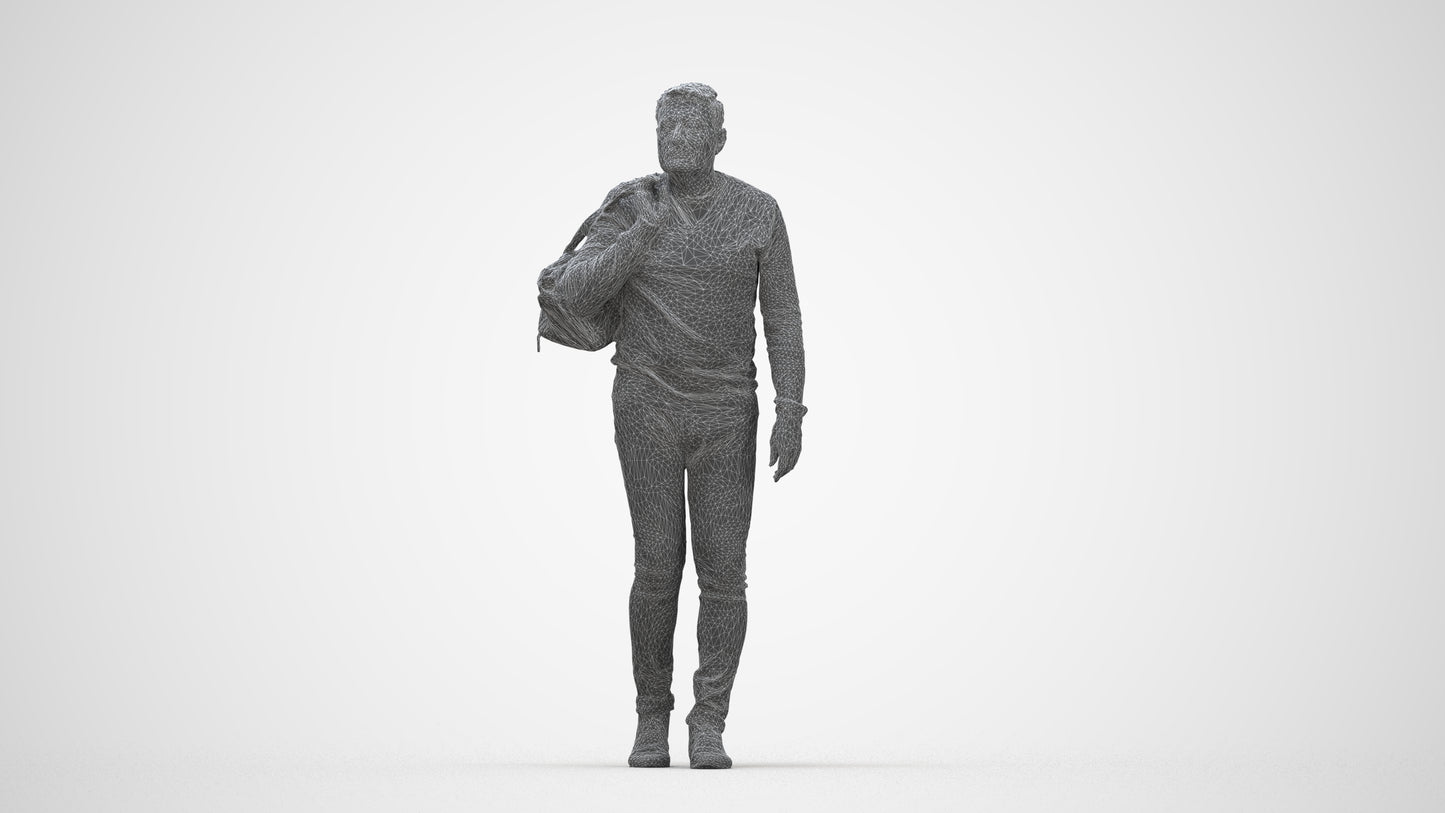 3D people model man casual walking, scanned human for 3ds Max rendering, wireframe back view