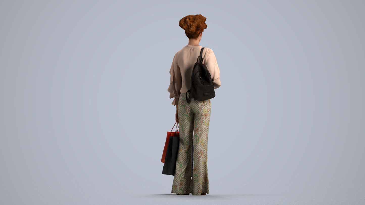 realistic 3D human woman casual shopping, archviz people FBX OBJ for Blender, front view render