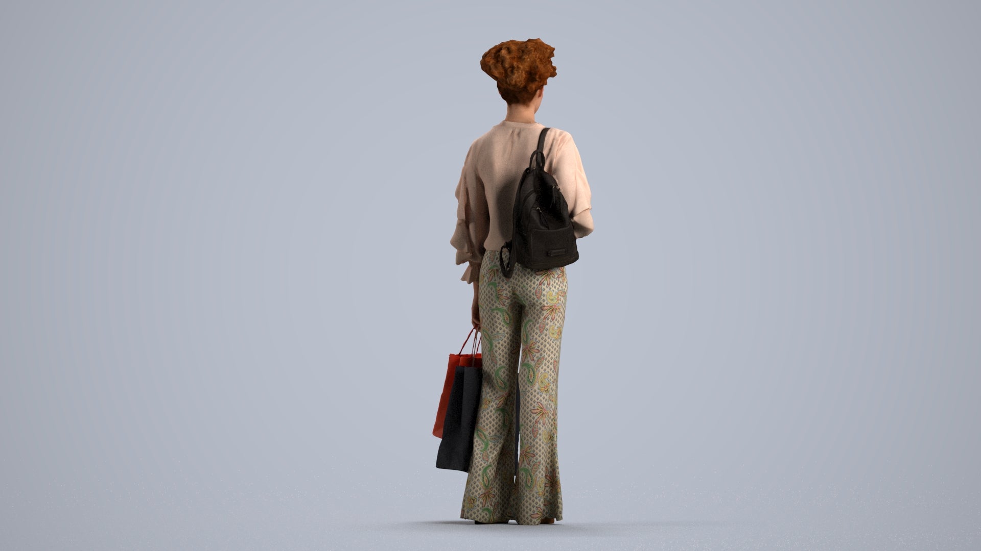 realistic 3D human woman casual shopping, archviz people FBX OBJ for Blender, front view render