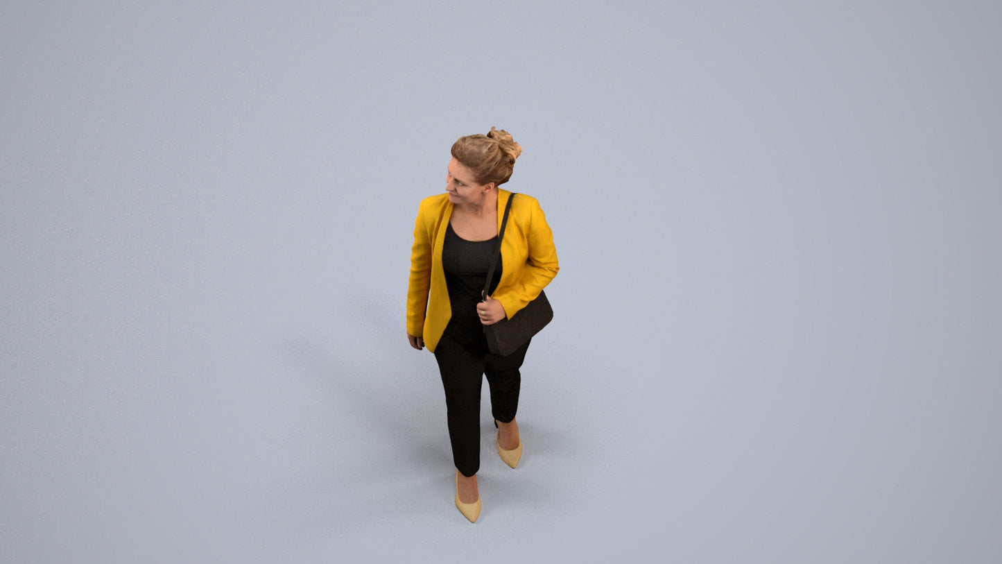 3D human model woman business walking, photogrammetry scanned person for archviz, back view render