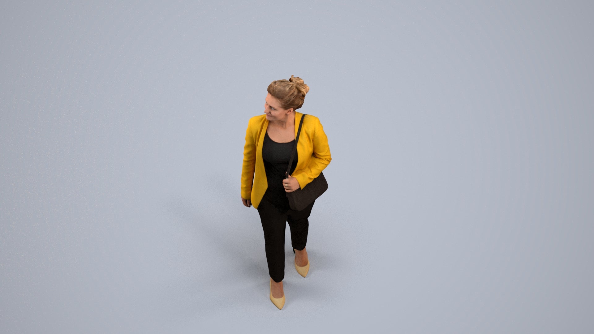 3D human model woman business walking, photogrammetry scanned person for archviz, back view render