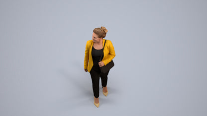 3D human model woman business walking, photogrammetry scanned person for archviz, back view render