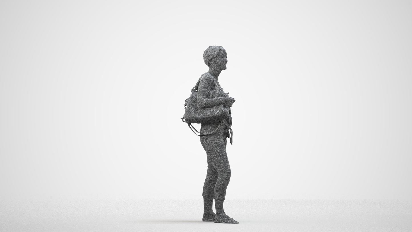 3D people model senior woman standing, scanned human for 3ds Max rendering, wireframe side view
