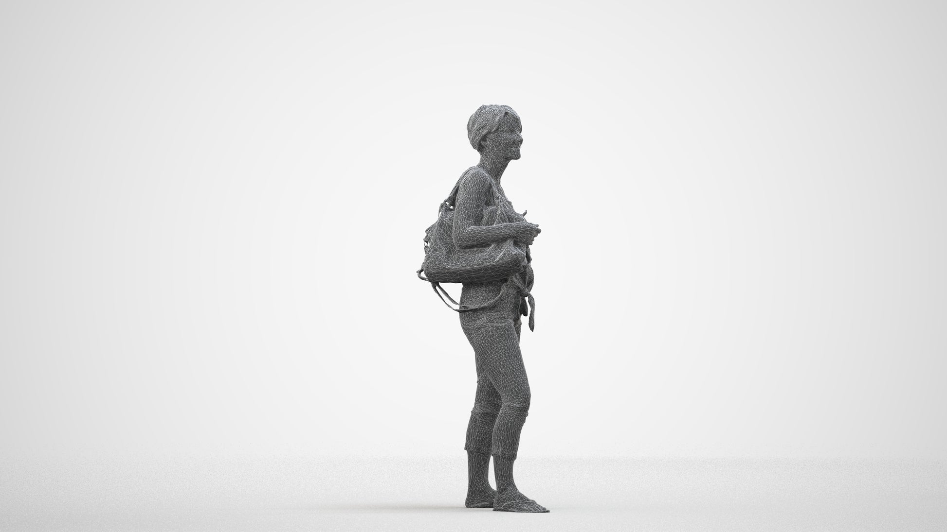 3D people model senior woman standing, scanned human for 3ds Max rendering, wireframe side view