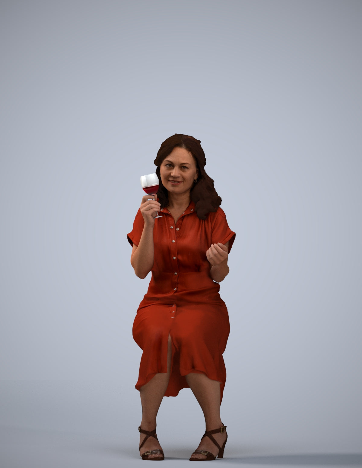 3D human model woman casual sitting, photogrammetry scanned person for archviz