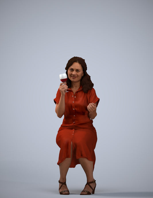 3D human model woman casual sitting, photogrammetry scanned person for archviz