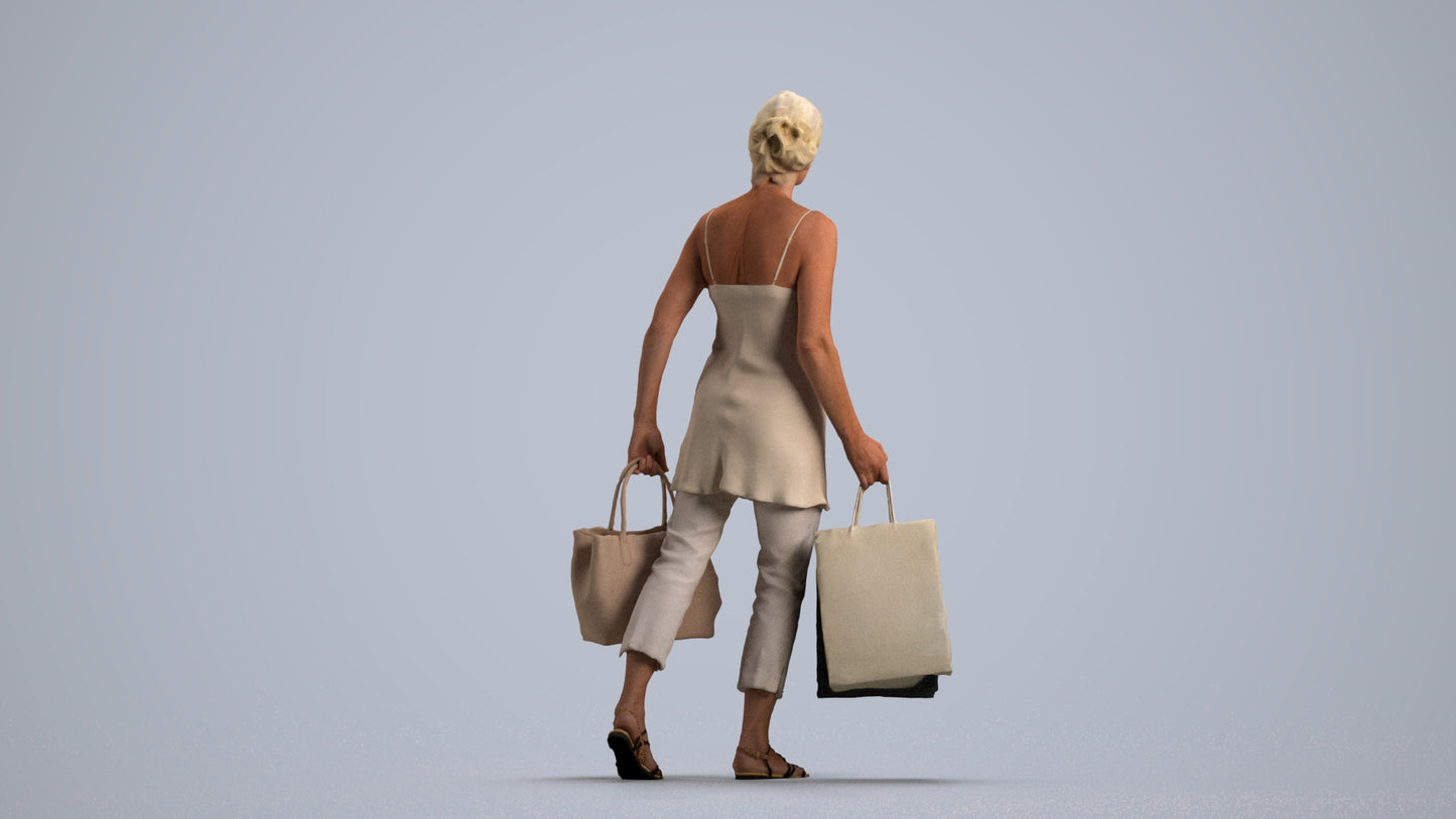3D human model senior woman casual shopping, photogrammetry scanned person for archviz, front view render