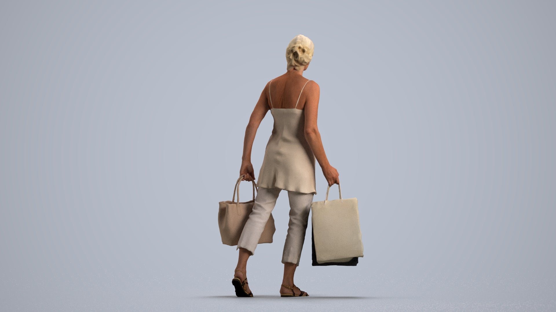 3D human model senior woman casual shopping, photogrammetry scanned person for archviz, front view render