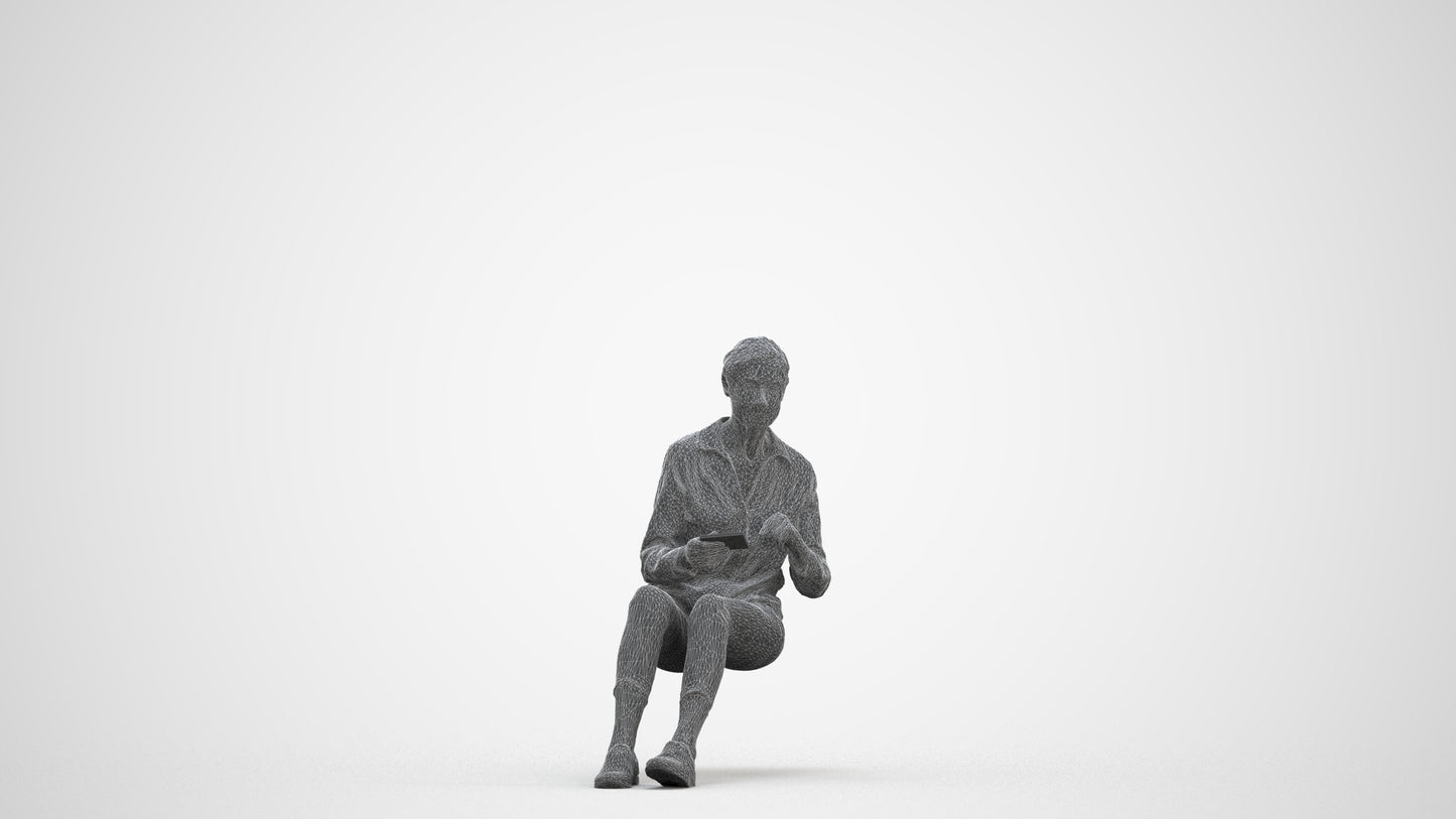 3D scanned senior woman sitting casual, photorealistic archviz people for Enscape and SketchUp