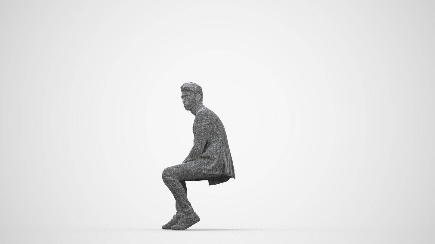 3D people model man casual sitting, scanned human for 3ds Max rendering, wireframe back view