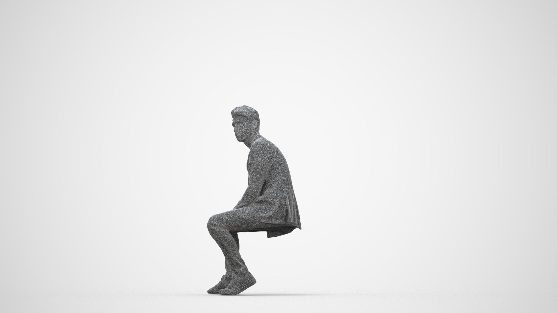 3D people model man casual sitting, scanned human for 3ds Max rendering, wireframe back view