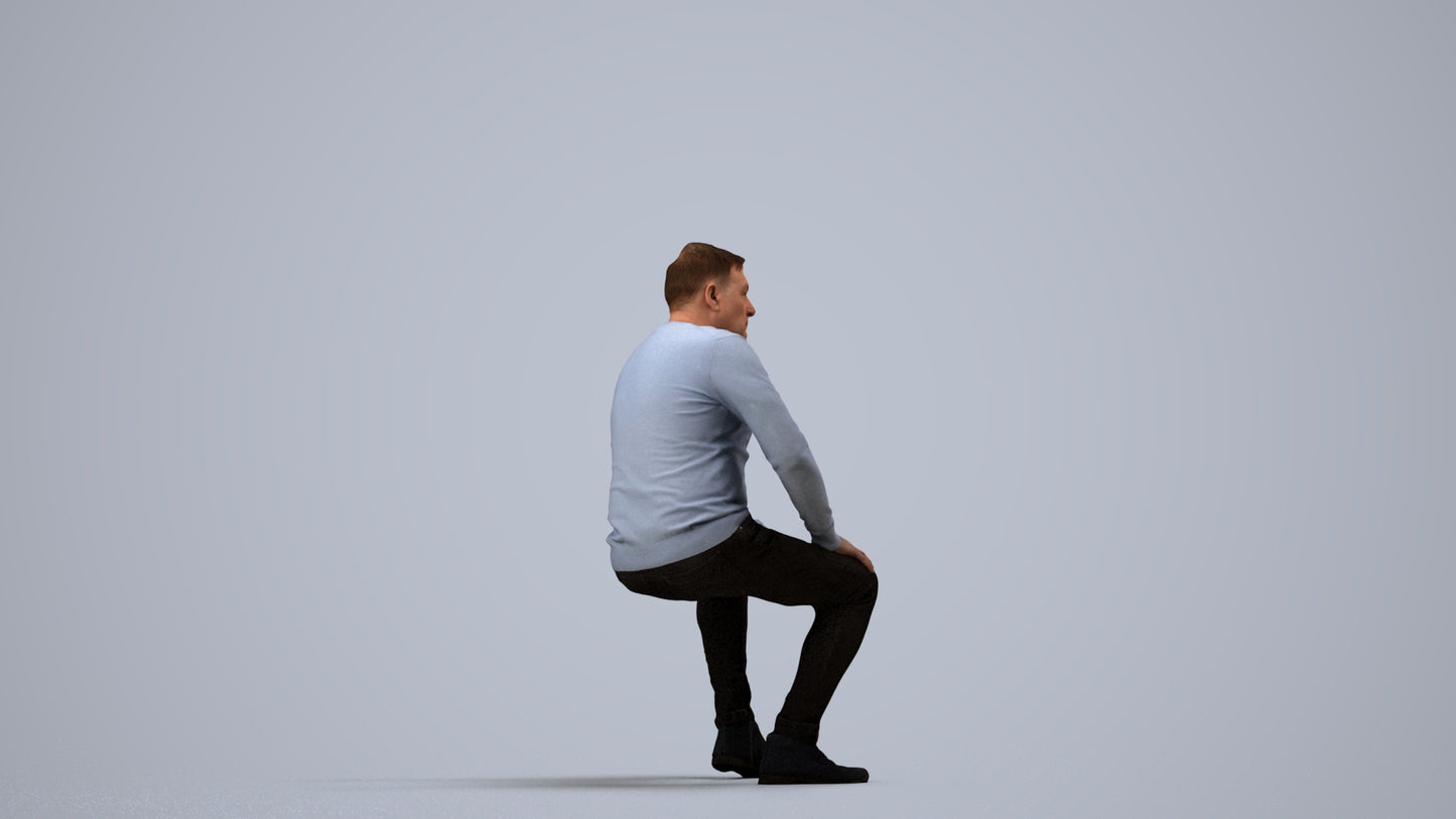 3D people model man casual sitting, scanned human for 3ds Max rendering, side view render