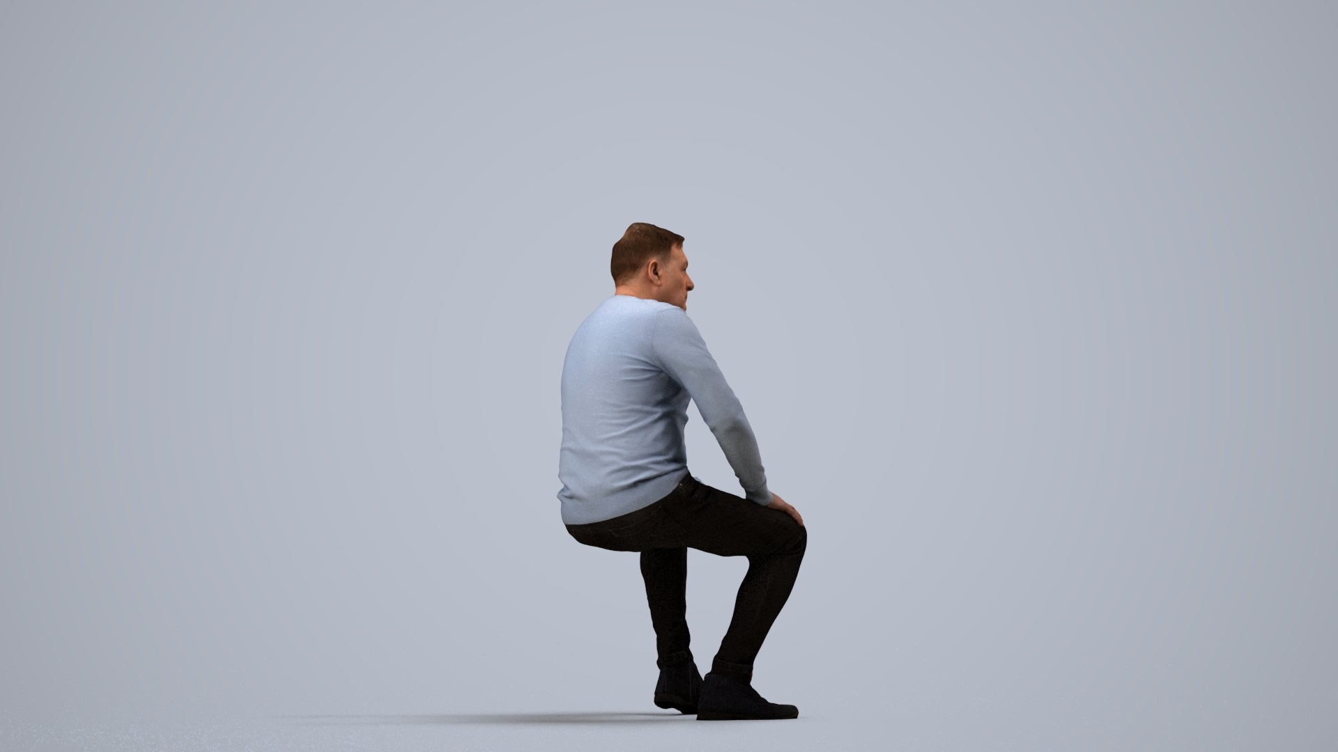 3D people model man casual sitting, scanned human for 3ds Max rendering, side view render
