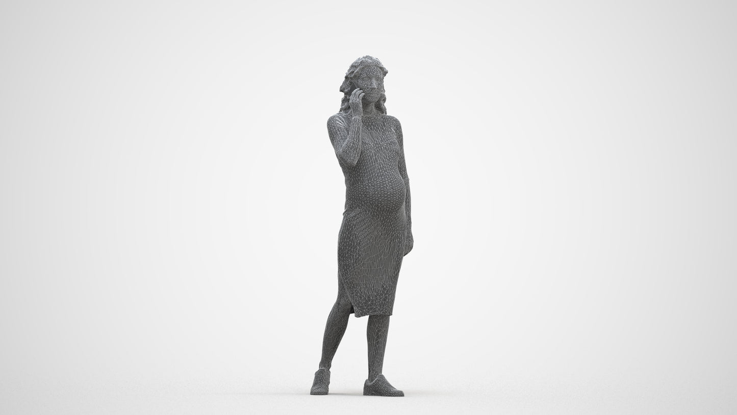 3D human model woman casual walking, photogrammetry scanned person for archviz, three-quarter front view render