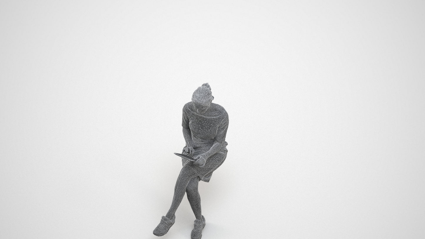 3D people model woman casual sitting, scanned human for 3ds Max rendering, wireframe three-quarter view