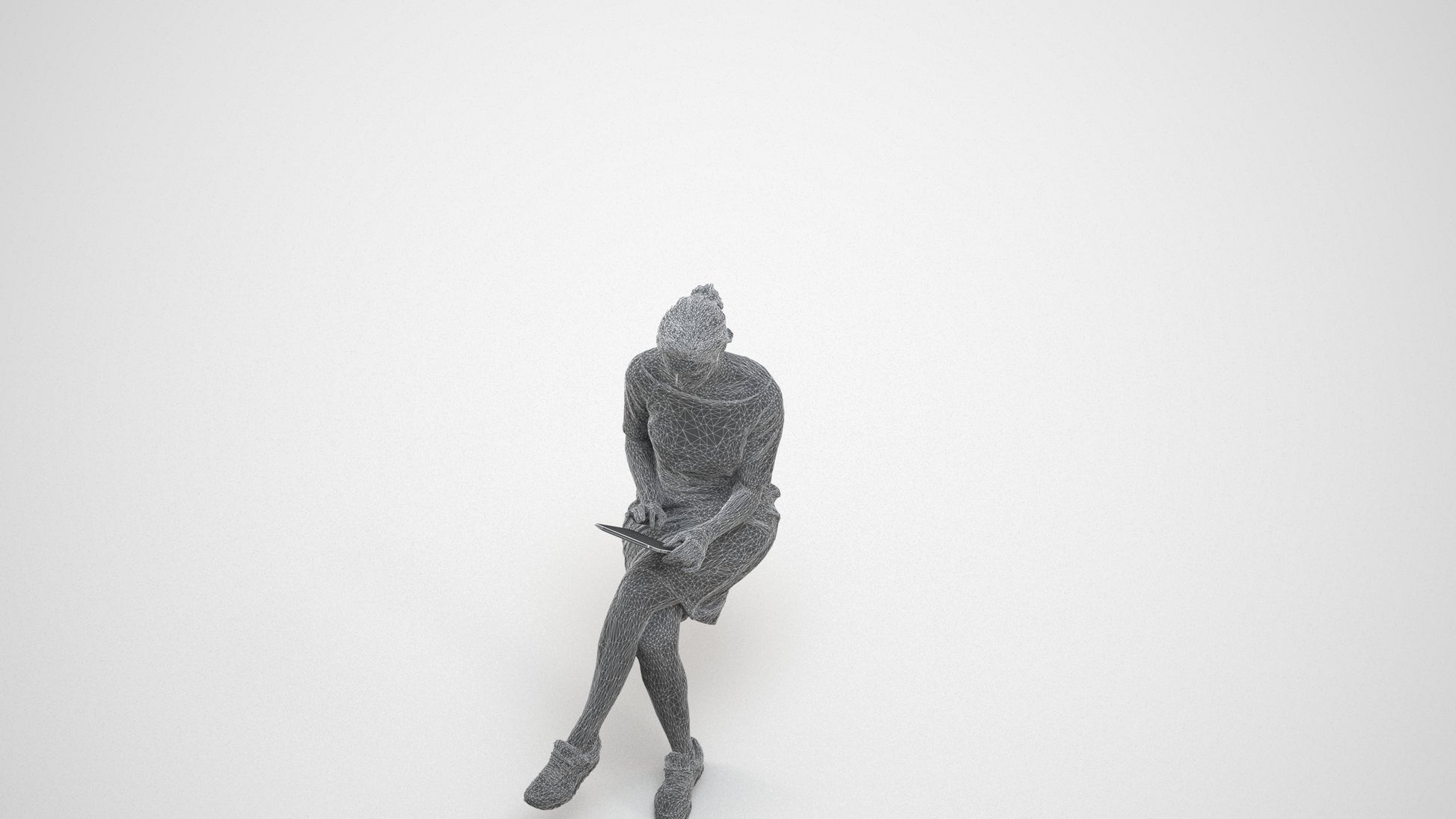 3D people model woman casual sitting, scanned human for 3ds Max rendering, wireframe three-quarter view