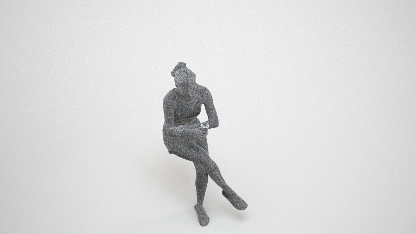 scanned 3D woman casual sitting, photogrammetry people for Enscape and V-Ray, wireframe three-quarter view