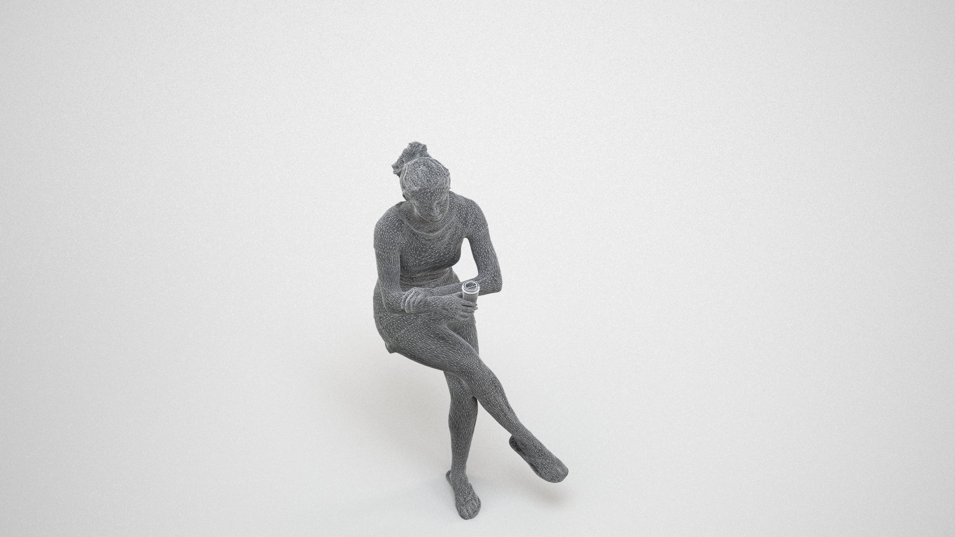 scanned 3D woman casual sitting, photogrammetry people for Enscape and V-Ray, wireframe three-quarter view