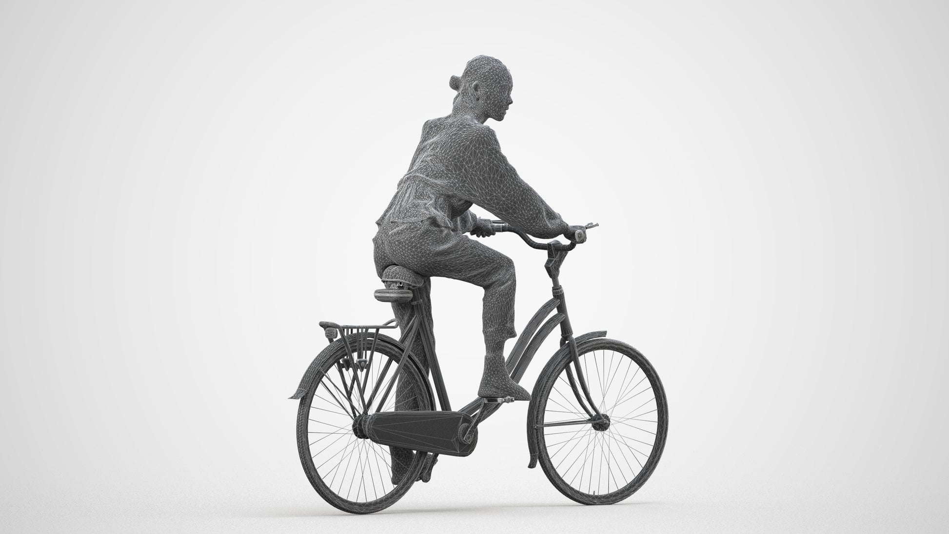 3D human model woman casual cycling, photogrammetry scanned person for archviz, wireframe side view