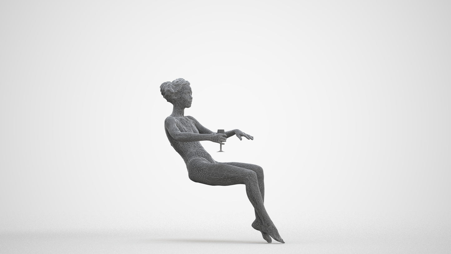 3D human model woman pool, photogrammetry scanned person for archviz, three-quarter front view render