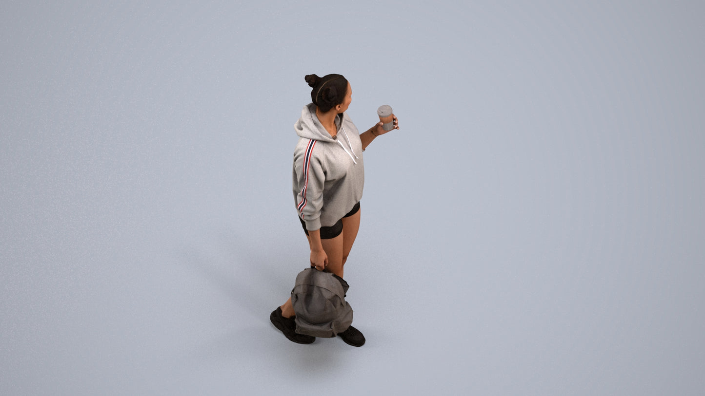 realistic 3D woman casual walking, scanned archviz people for Blender and 3ds Max, back view render