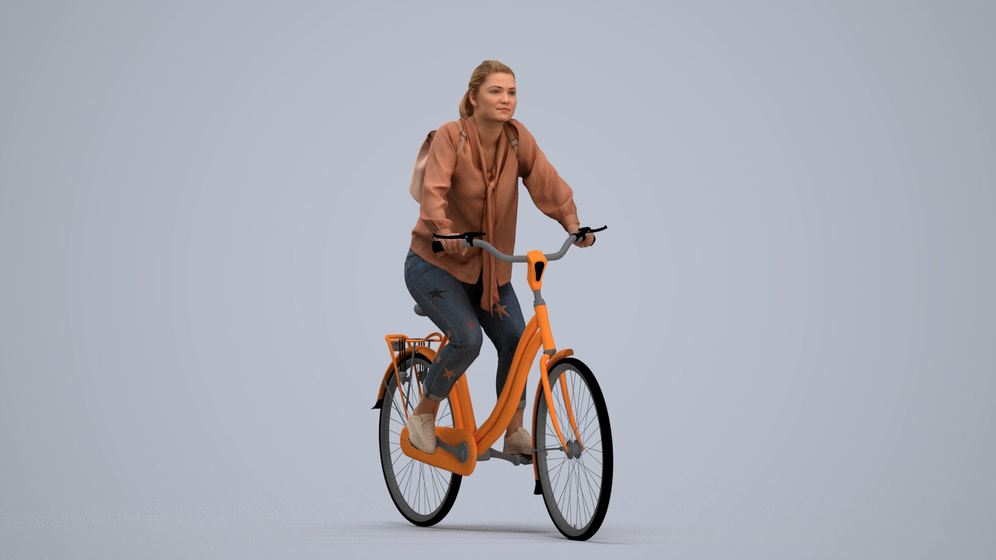 photogrammetry 3D woman casual cycling, realistic human model archviz FBX, standing pose render