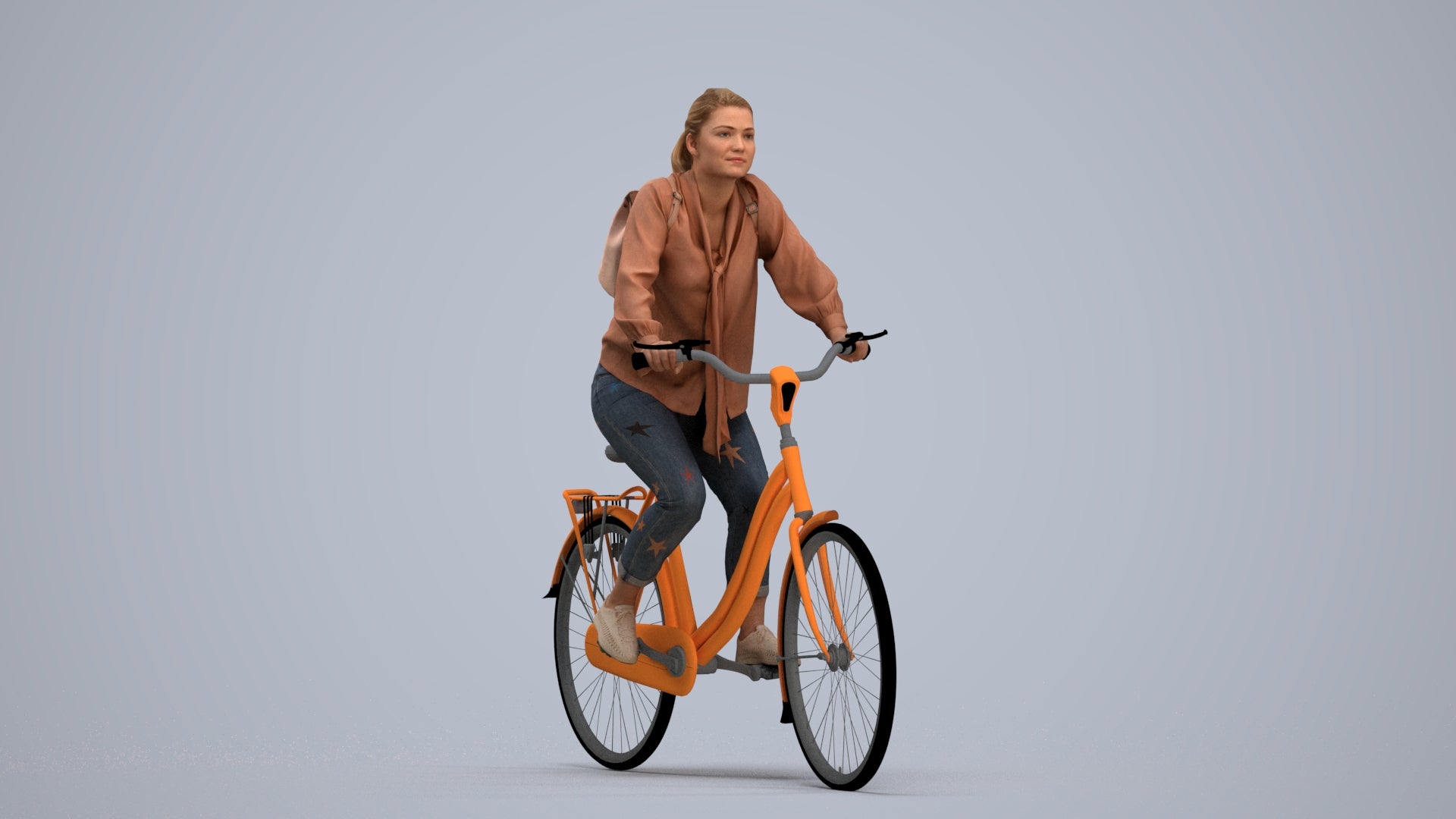 photogrammetry 3D woman casual cycling, realistic human model archviz FBX, standing pose render