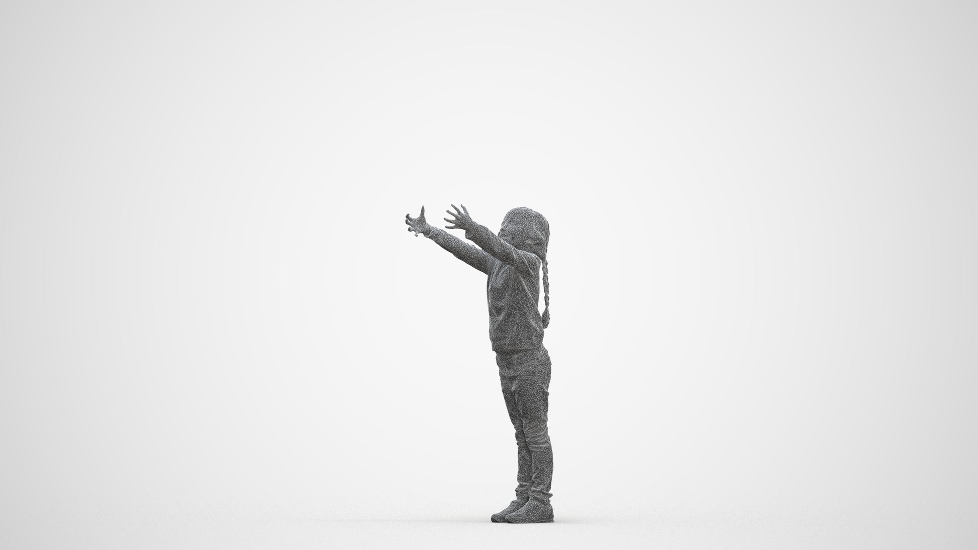 3D human model girl casual kids, photogrammetry scanned person for archviz, three-quarter front view render