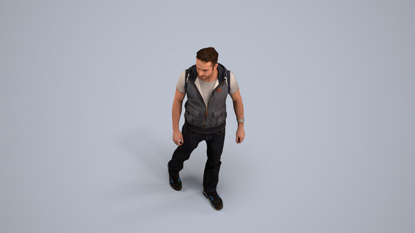 3D human model man casual walking, photogrammetry scanned person for archviz, back view render