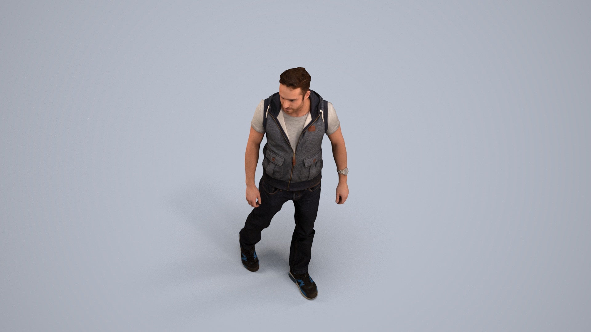 3D human model man casual walking, photogrammetry scanned person for archviz, back view render