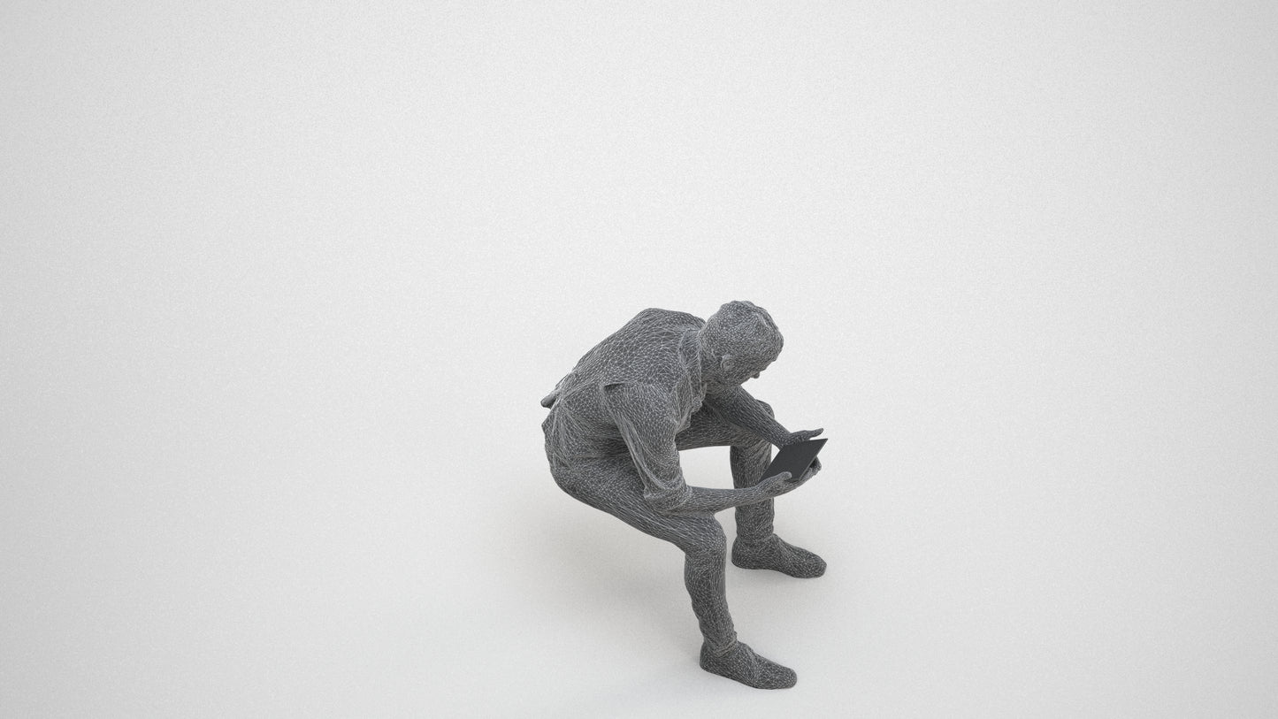 scanned 3D man casual sitting, photogrammetry people for Enscape and V-Ray, wireframe three-quarter view