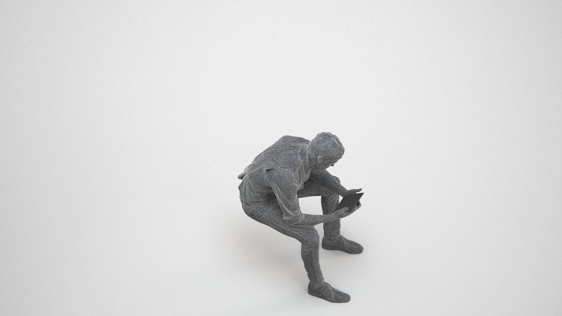 scanned 3D man casual sitting, photogrammetry people for Enscape and V-Ray, wireframe three-quarter view