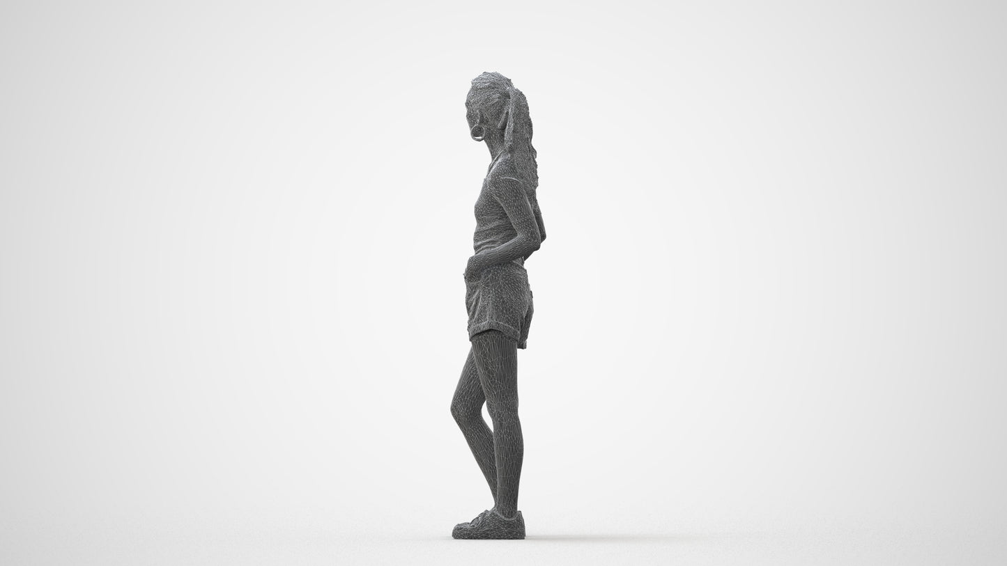 3D human model woman casual standing, photogrammetry scanned person for archviz, square thumbnail