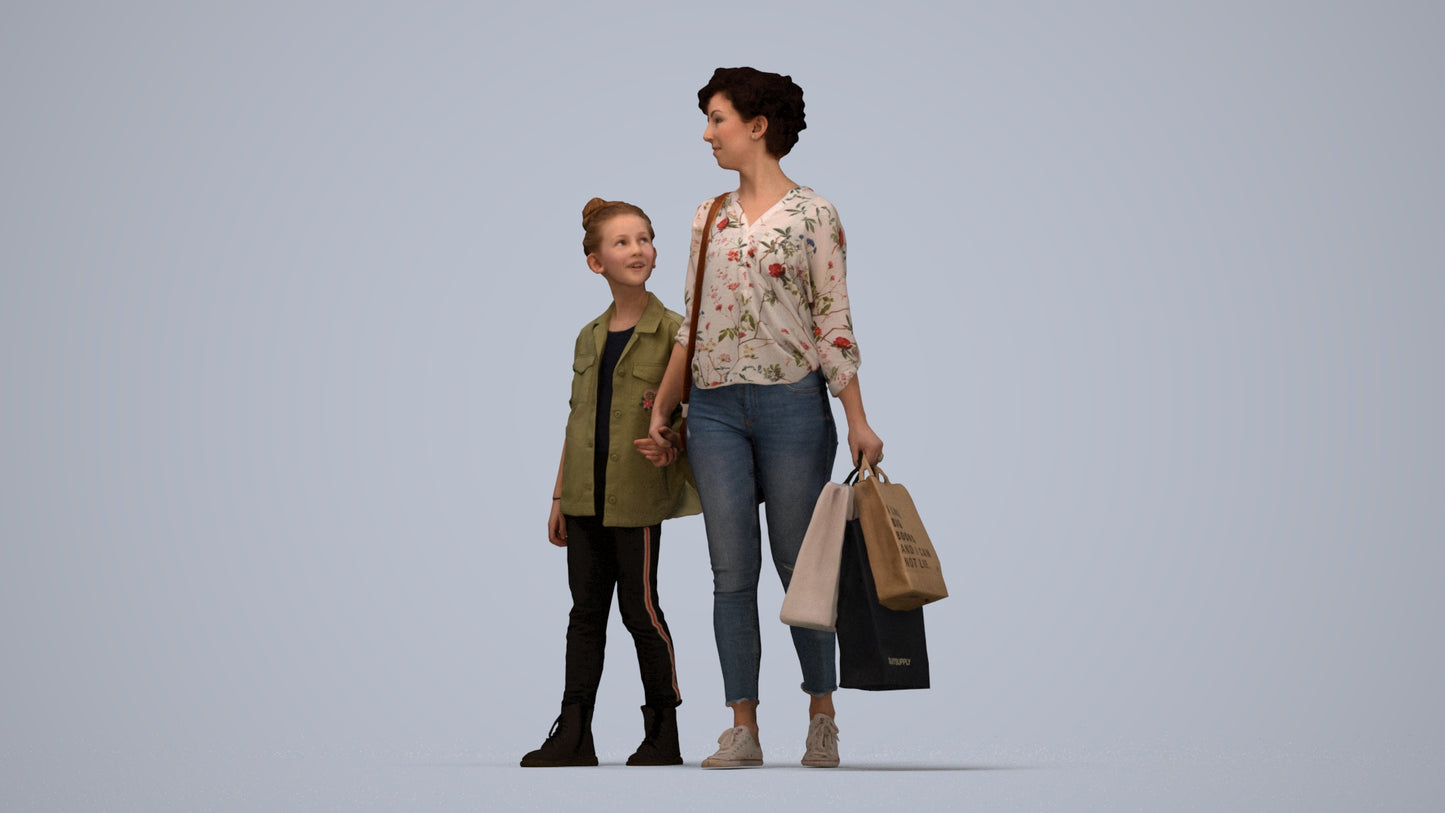 3D human model girl casual kids, photogrammetry scanned person for archviz, top-down view render