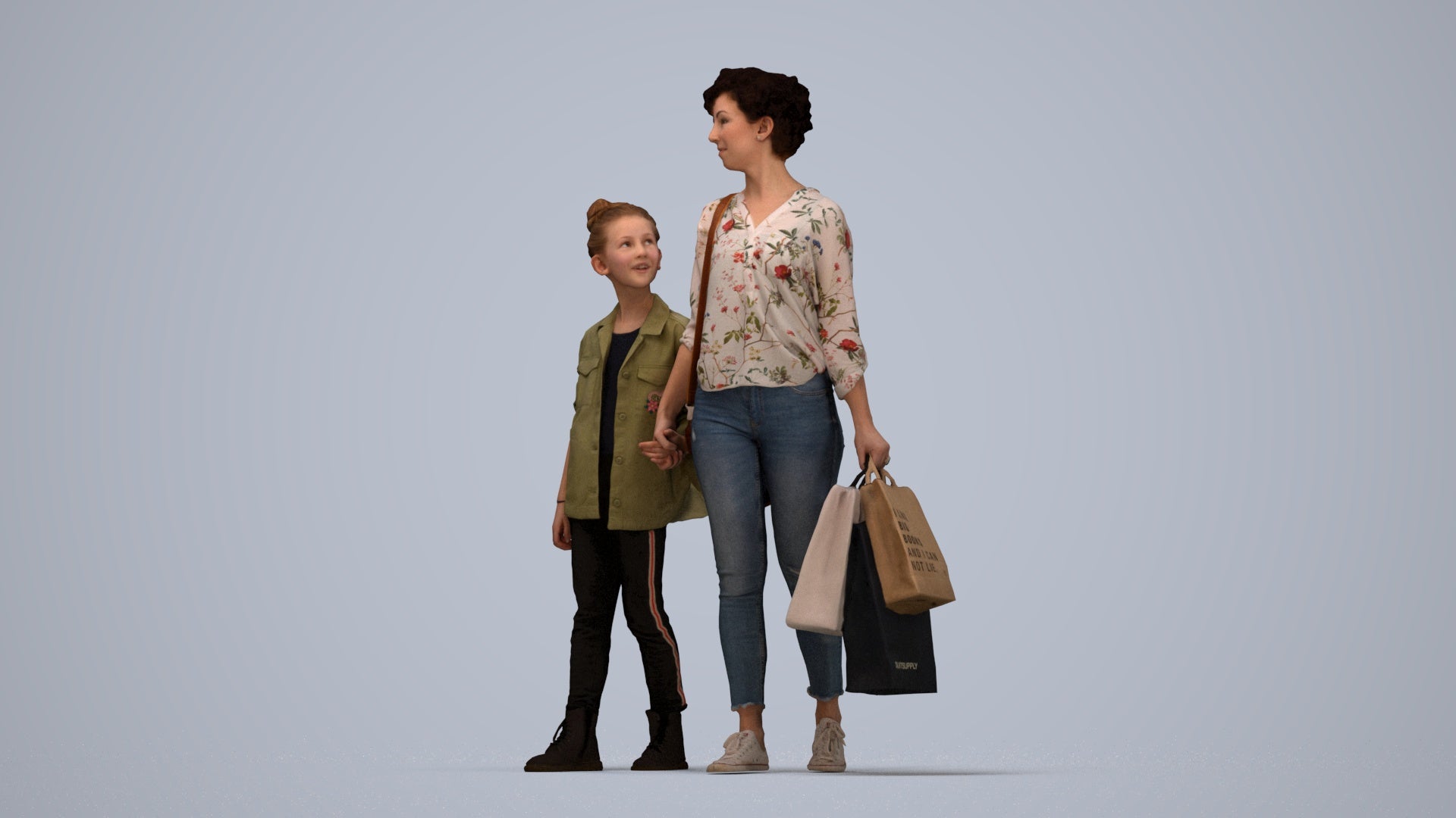 3D human model girl casual kids, photogrammetry scanned person for archviz, top-down view render