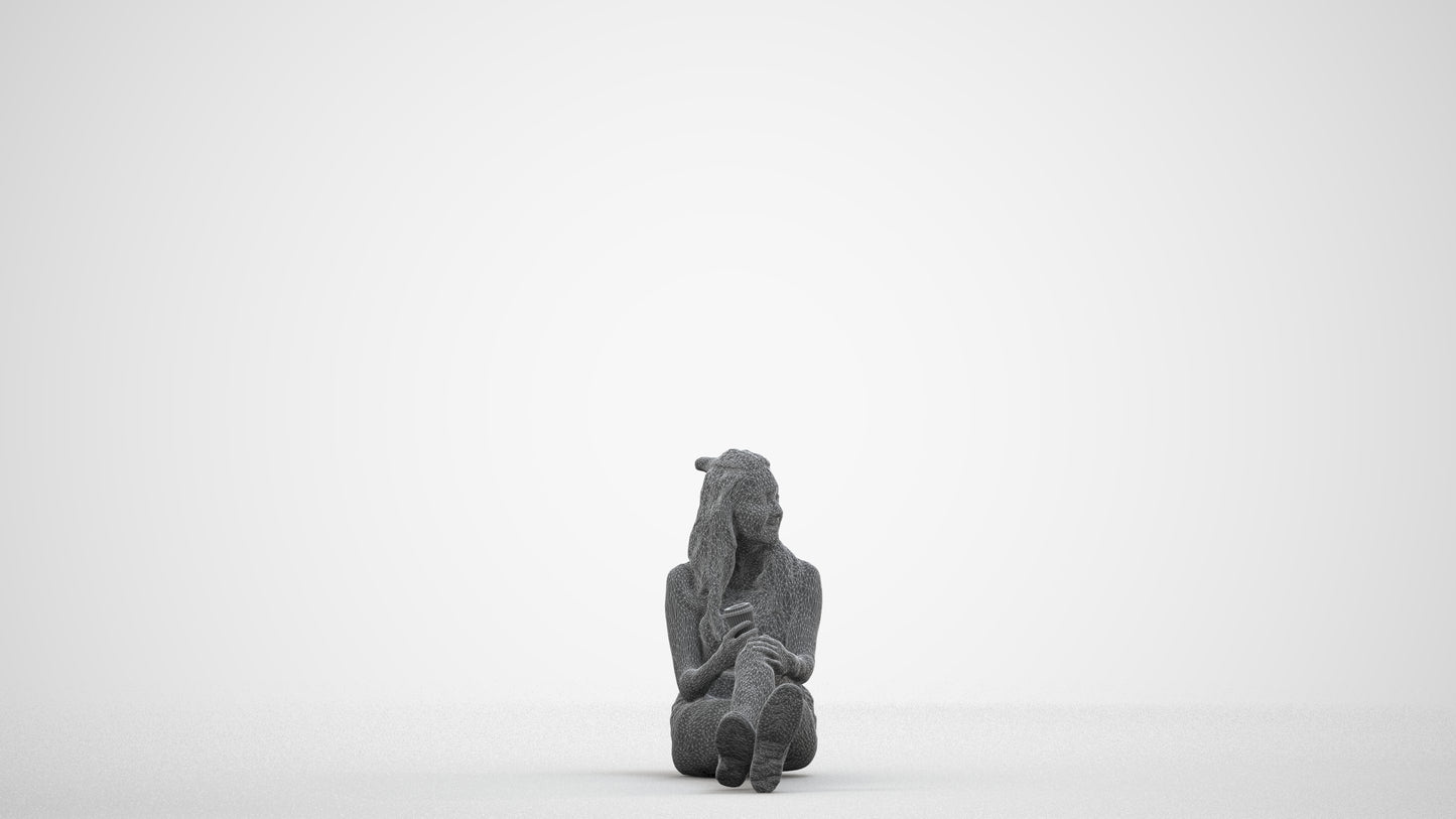 scanned 3D woman casual sitting, photogrammetry people for Enscape and V-Ray, wireframe side view