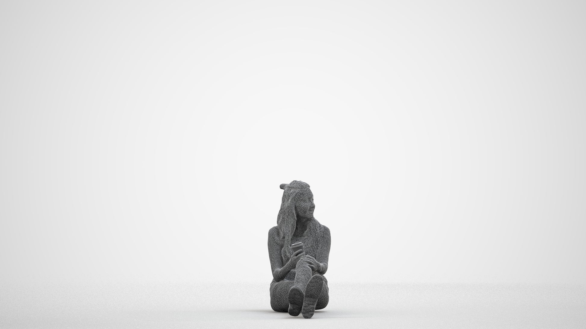 scanned 3D woman casual sitting, photogrammetry people for Enscape and V-Ray, wireframe side view